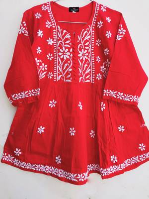 Women's Chikankari hand Embroidered Cotton Blend Flared short Red Kurta 2