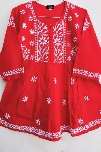 Women's Chikankari hand Embroidered Cotton Blend Flared short Red Kurta