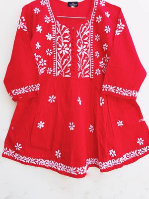 Women's Chikankari hand Embroidered Cotton Blend Flared short Red Kurta 3