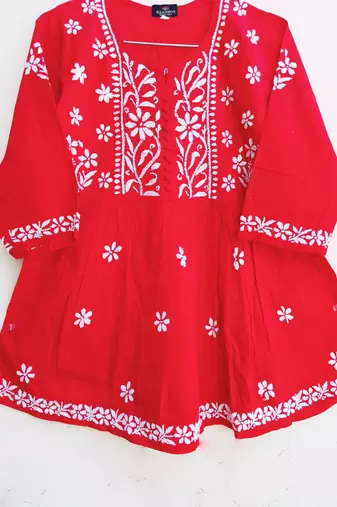 Women's Chikankari hand Embroidered Cotton Blend Flared short Red Kurta