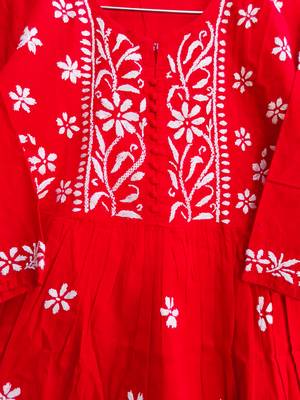 Women's Chikankari hand Embroidered Cotton Blend Flared short Red Kurta 4
