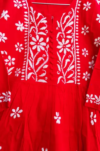 Women's Chikankari hand Embroidered Cotton Blend Flared short Red Kurta