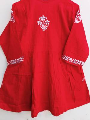 Women's Chikankari hand Embroidered Cotton Blend Flared short Red Kurta 5