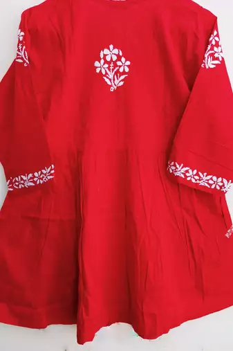 Women's Chikankari hand Embroidered Cotton Blend Flared short Red Kurta
