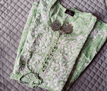 Women's Chikankari hand  Embroidered Cotton Malmal Flared short Light Green Kurta 1