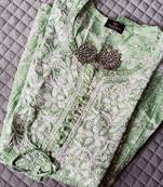 Women's Chikankari hand  Embroidered Cotton Malmal Flared short Light Green Kurta