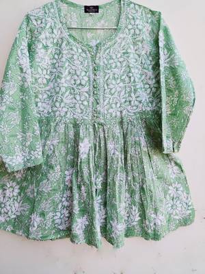 Women's Chikankari hand  Embroidered Cotton Malmal Flared short Light Green Kurta 2