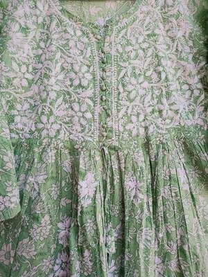 Women's Chikankari hand  Embroidered Cotton Malmal Flared short Light Green Kurta 3