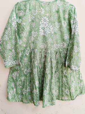 Women's Chikankari hand  Embroidered Cotton Malmal Flared short Light Green Kurta 4