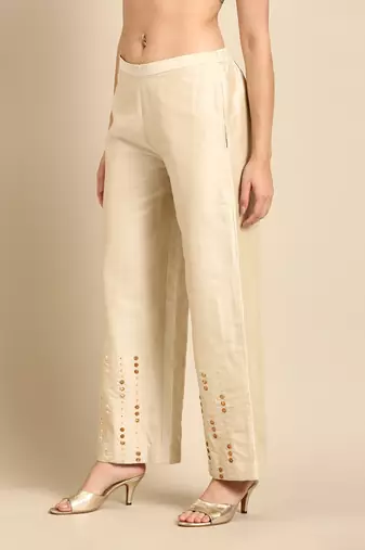 Beige crush silk palazzo pant