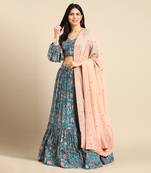 Blue Pink Muslin Digital Print Lehenga