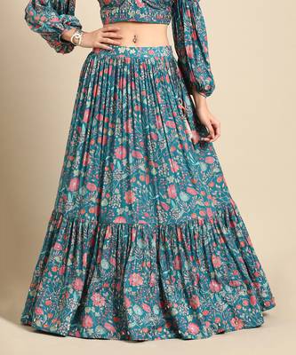 Blue Pink Muslin Digital Print Lehenga 2