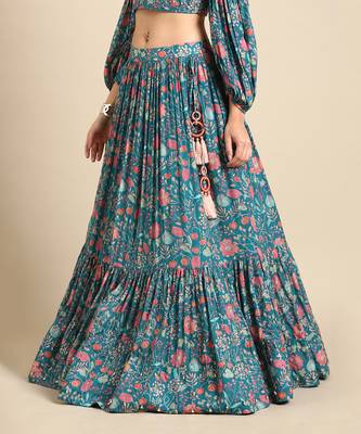 Blue Pink Muslin Digital Print Lehenga 3