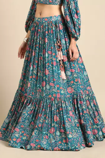 Blue Pink Muslin Digital Print Lehenga