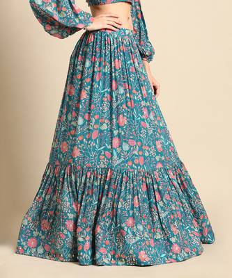 Blue Pink Muslin Digital Print Lehenga 4