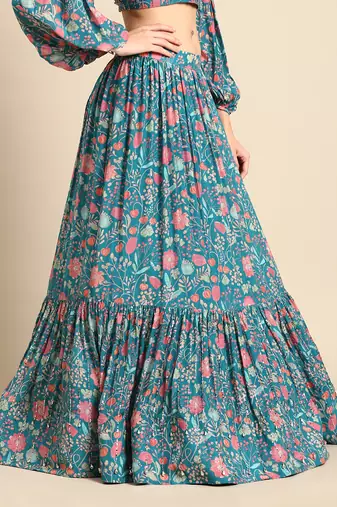 Blue Pink Muslin Digital Print Lehenga