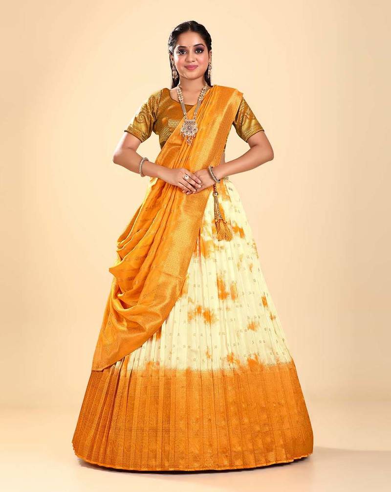 Yellow Shibori dyeing silk Lehenga in Viscose fabric