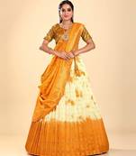 Yellow Shibori dyeing silk Lehenga in Viscose fabric
