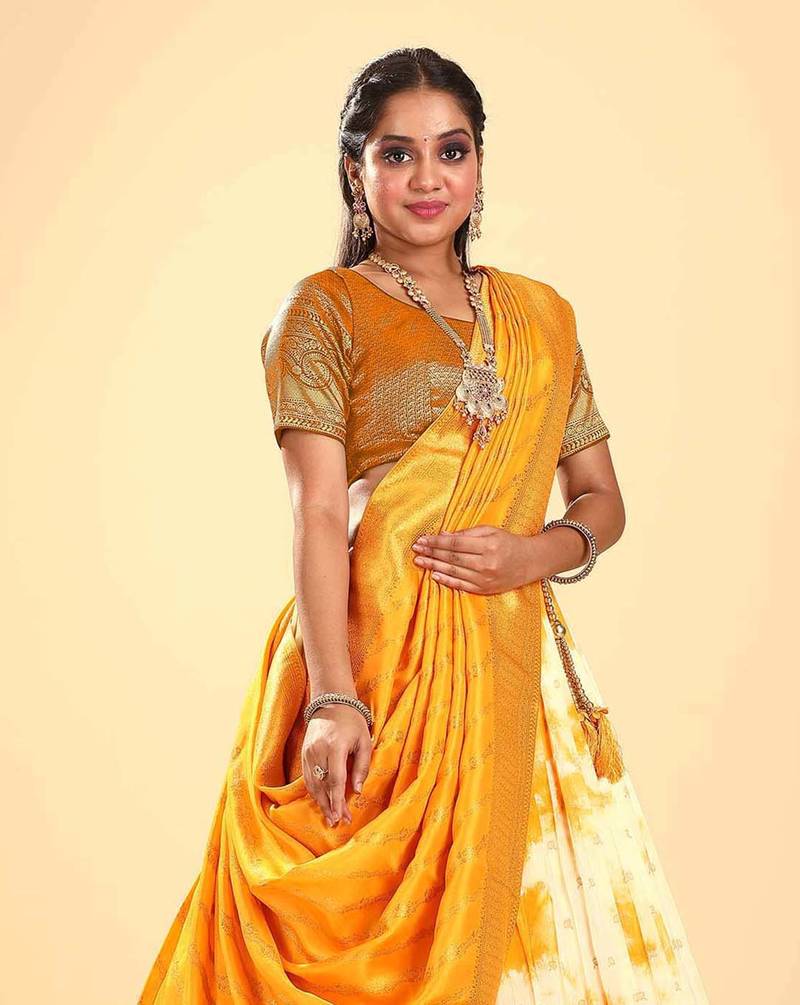 Yellow Shibori dyeing silk Lehenga in Viscose fabric