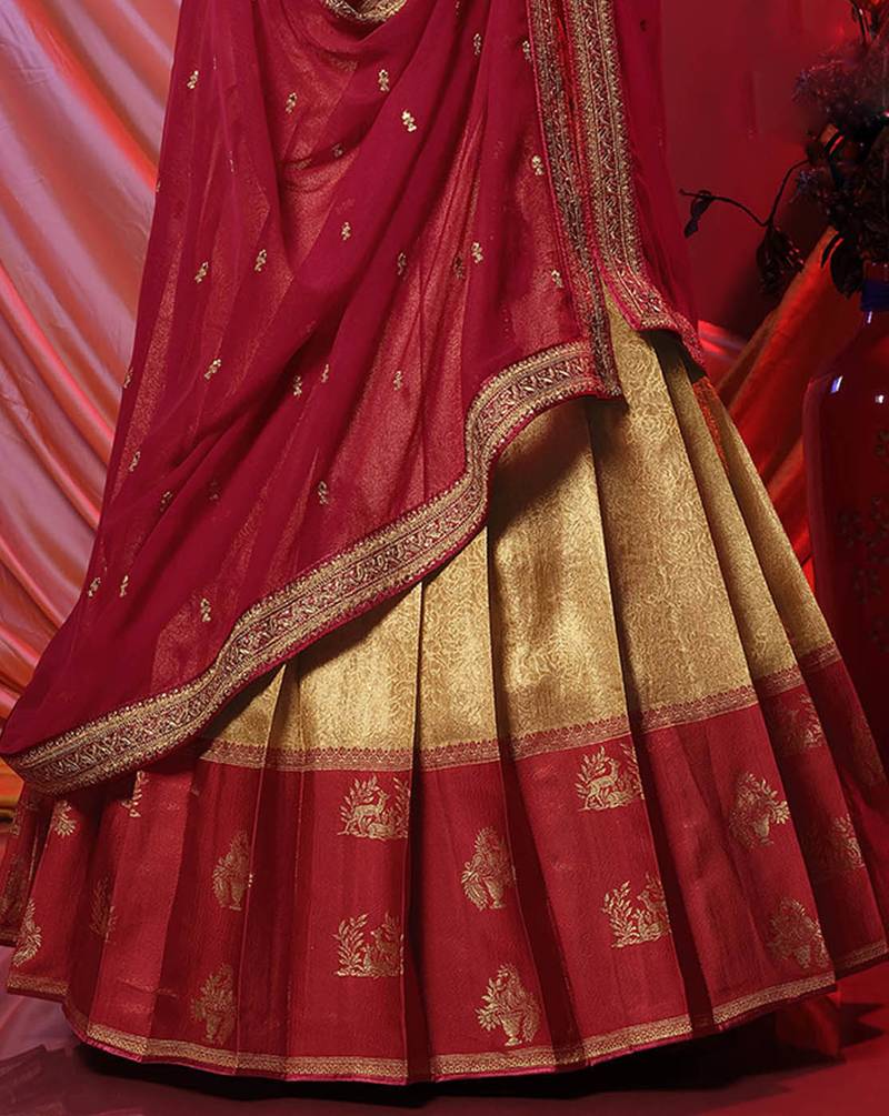 Pleating Style Chiku and Maroon Banarasi Silk semi-stitched Half Saree with unstitched Blouse and Dupatta