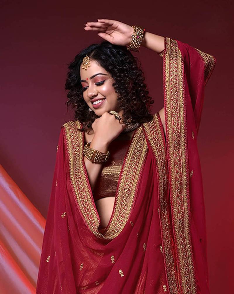 Pleating Style Chiku and Maroon Banarasi Silk semi-stitched Half Saree with unstitched Blouse and Dupatta