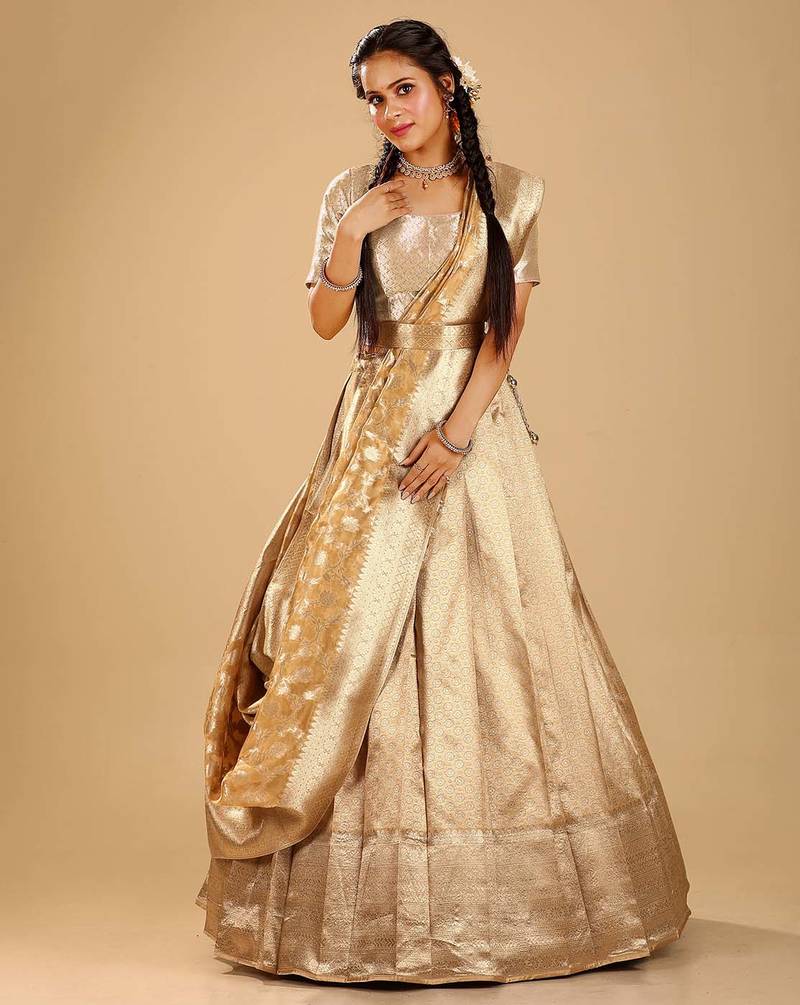 Chiku Kanchipuram Silk Half Saree with Zari Woven