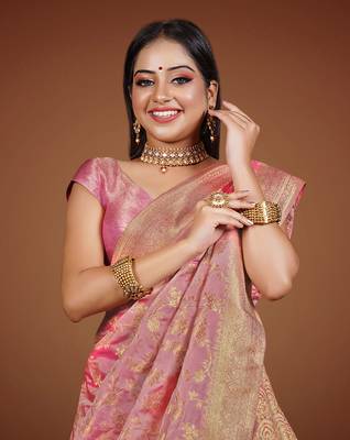 Banarasi Silk Lehenga Choli with Golden Zari Work & Unstitched Blouse for Women by HalfSaree Studio 2