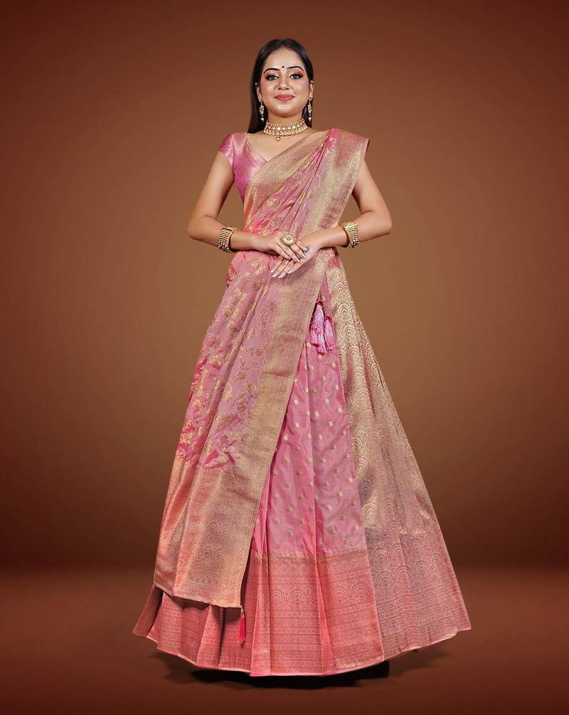 Banarasi Silk Lehenga Choli with Golden Zari Work & Unstitched Blouse for Women by HalfSaree Studio