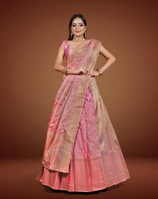Banarasi Silk Lehenga Choli with Golden Zari Work & Unstitched Blouse for Women by HalfSaree Studio 1