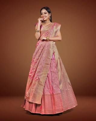 Banarasi Silk Lehenga Choli with Golden Zari Work & Unstitched Blouse for Women by HalfSaree Studio 4