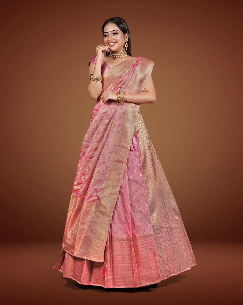 Banarasi Silk Lehenga Choli with Golden Zari Work & Unstitched Blouse for Women by HalfSaree Studio