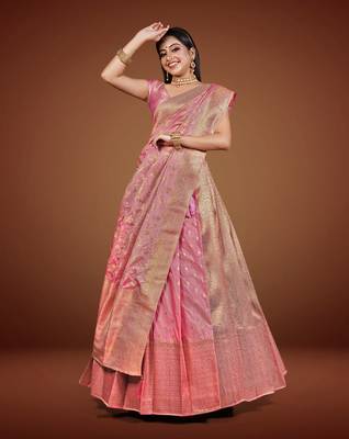 Banarasi Silk Lehenga Choli with Golden Zari Work & Unstitched Blouse for Women by HalfSaree Studio 5
