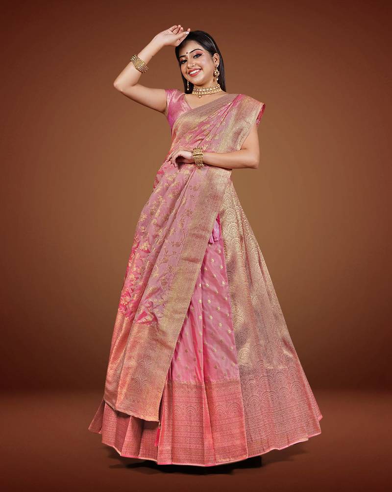 Banarasi Silk Lehenga Choli with Golden Zari Work & Unstitched Blouse for Women by HalfSaree Studio