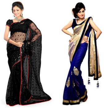 black and blue embroidered chiffon saree with blouse 1