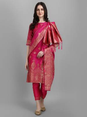  women silk blend kurta pant dupatta set 1