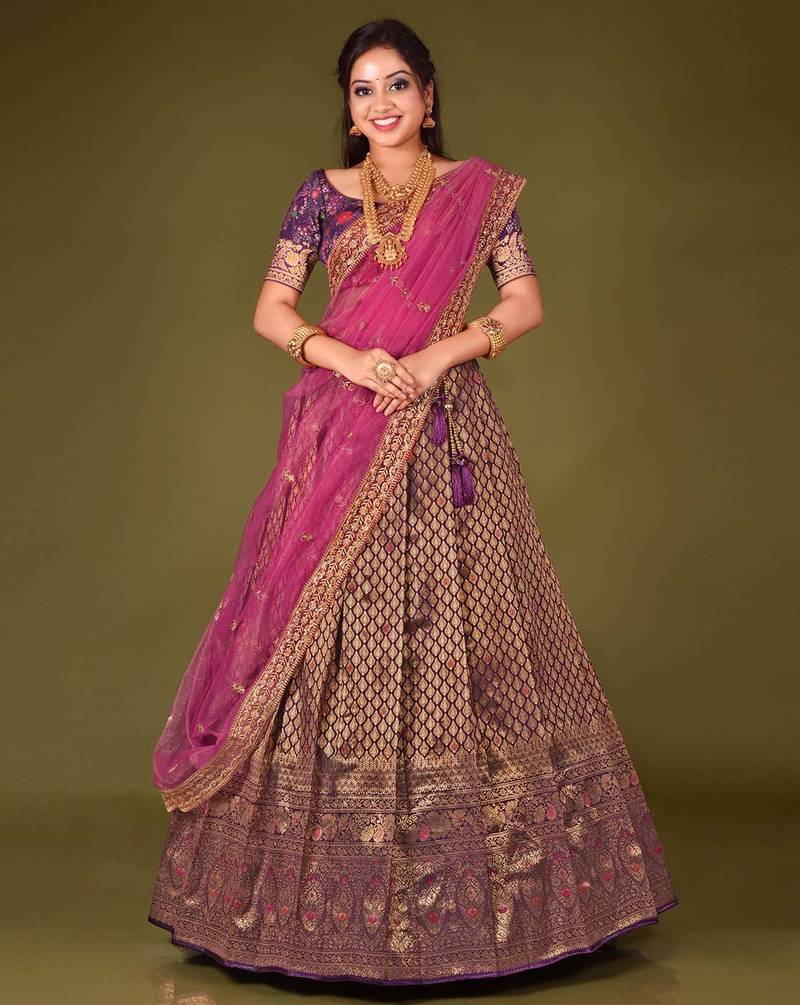 Wine colour Banarasi Silk Zari Work Lehenga With dupatta and unstitched blouse.