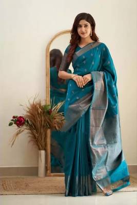  Skyblue Color Silk Blend Blend Sarees With Blouse 1