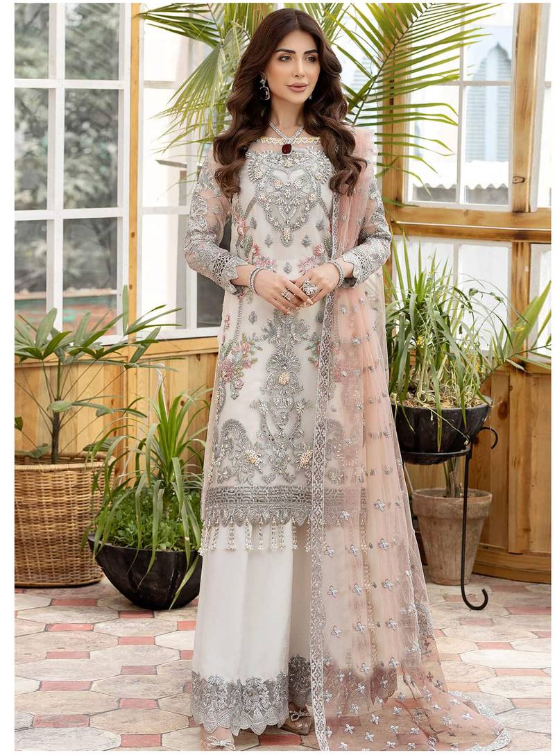 White Semi Stitched Heavy Pakistani Embroidery worked suite in Butterfly net 