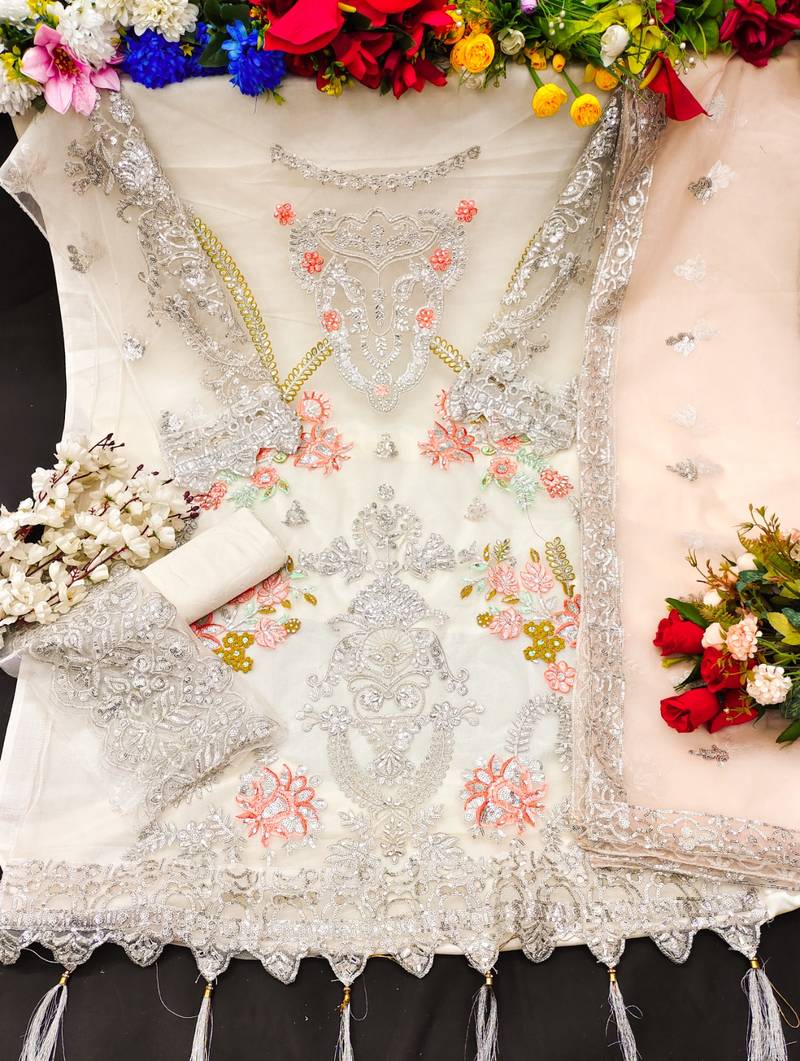 White Semi Stitched Heavy Pakistani Embroidery worked suite in Butterfly net 