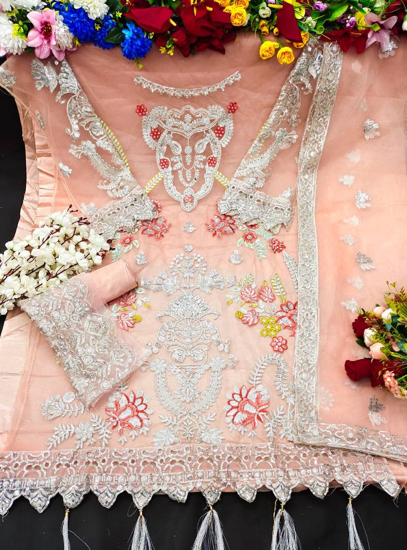 Peach Heavy Embroidery worked semi stitched Pakistani suite in net