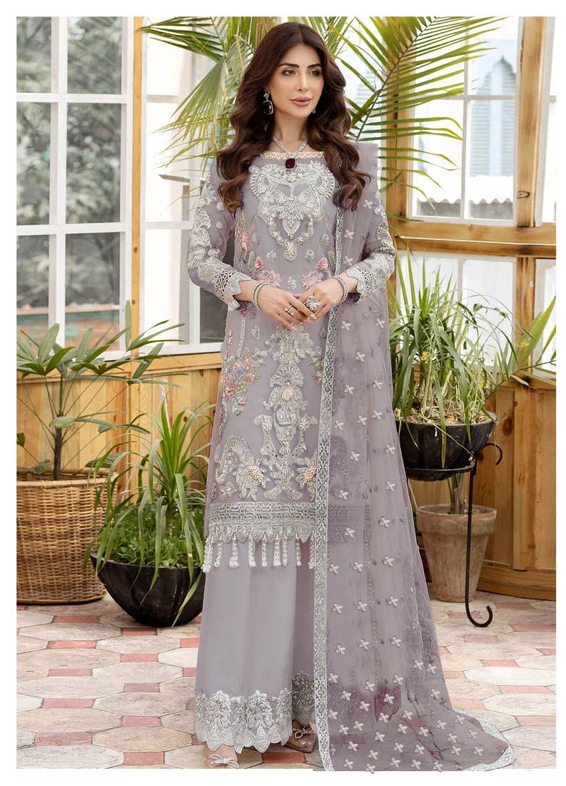 Lavender Heavy Embroidery worked Pakistani semi stitched suite in net 