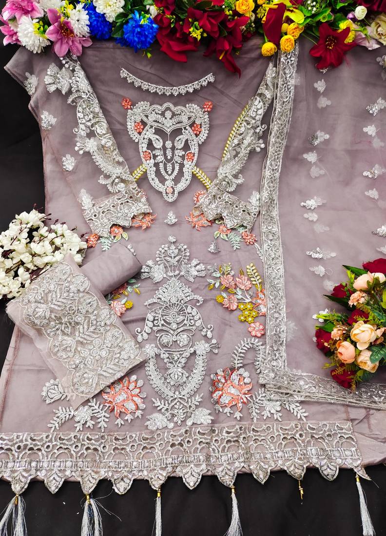 Lavender Heavy Embroidery worked Pakistani semi stitched suite in net 