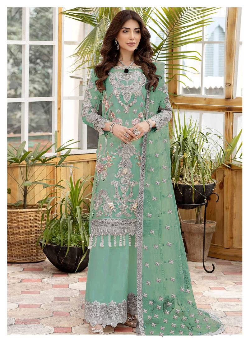 Teal Green Heavy Embroidery worked Pakistani Semi stitched suite in net