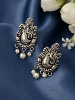 Silver plated oxidised ganesh handcrafted stud earrings 1