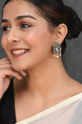 Silver plated oxidised ganesh handcrafted stud earrings