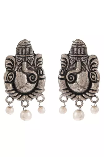 Silver plated oxidised ganesh handcrafted stud earrings