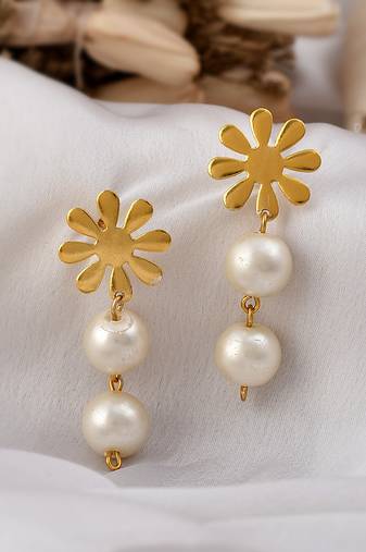 Gold plated flowel pearl drop earrings