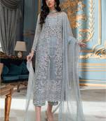 Grey Heavy Embroidery worked Semi Stitched Pakistani suite in Organza fabric 