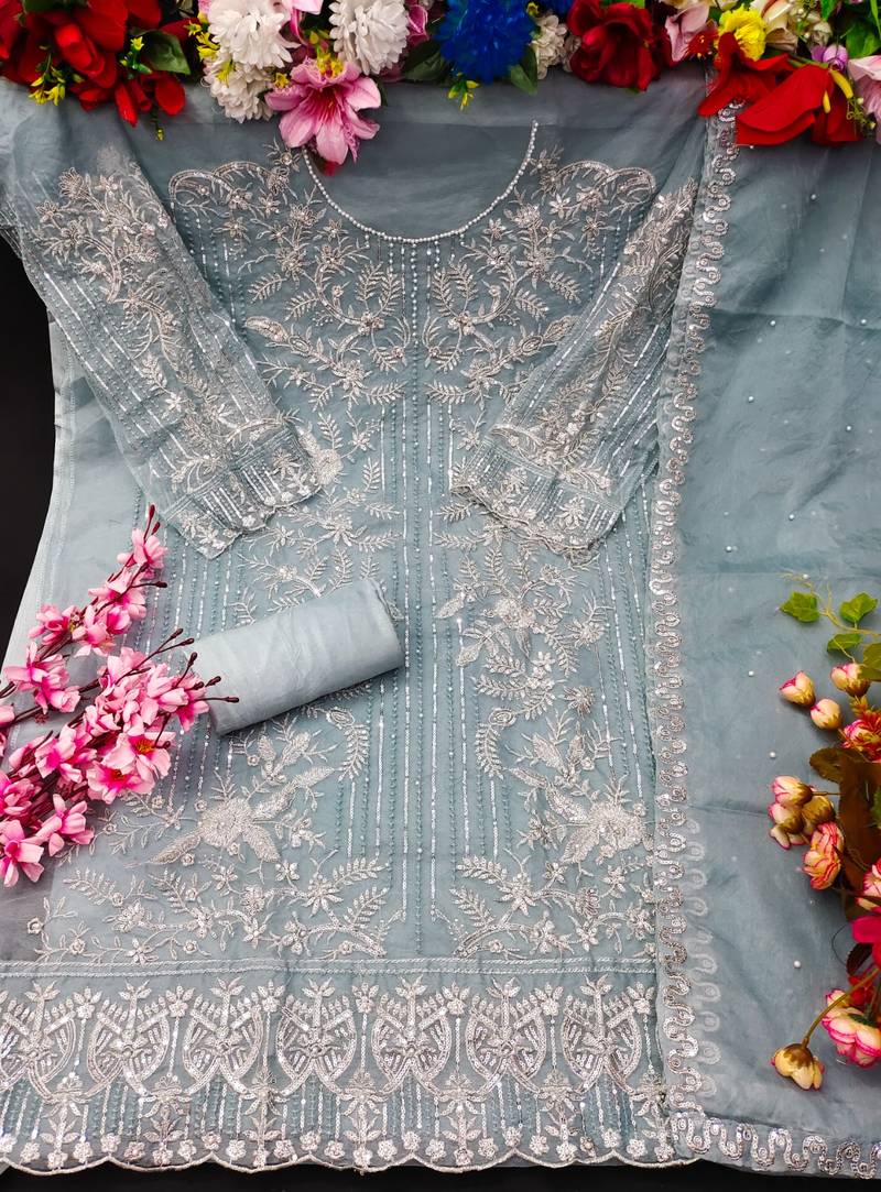 Grey Heavy Embroidery worked Semi Stitched Pakistani suite in Organza fabric 