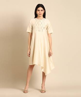 Beige mukesh silk cotton dress 1